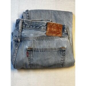 Levis 501 Jeans Mens Fit 36x28 Blue Denim Thrashed‎ Straight Holes Raw Hem